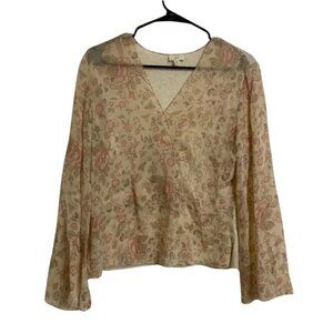 J Jill Women's Med Petite V Neck Floral Sheer Overlay Blouse With Bell Sleeves